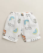 Bumzee White Animal Print Muslin Jabla & Short Set, Sleeveless, Cotton Muslin
