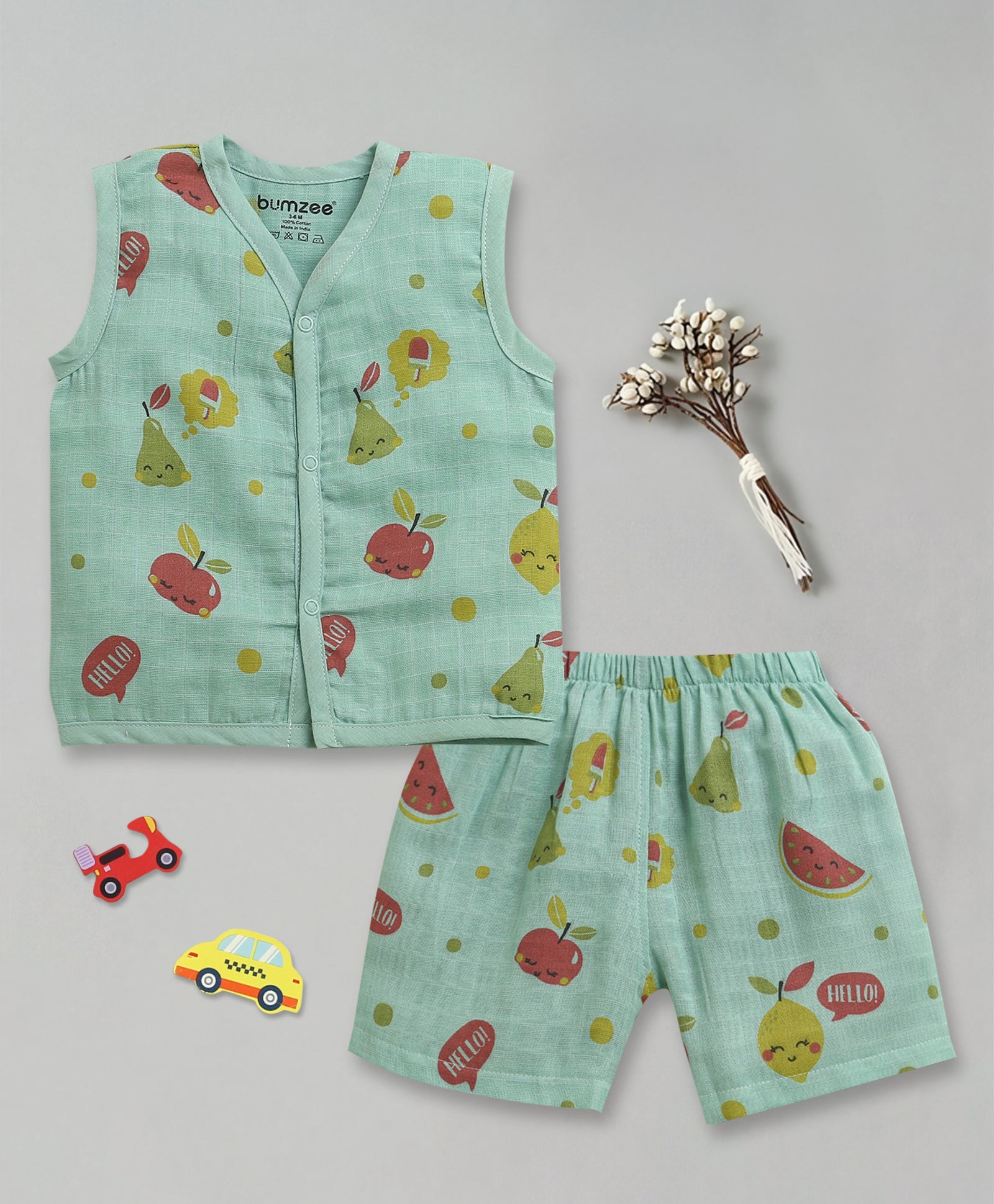 Green Baby Girls Sleeveless Pure Cotton Muslin Jabla & Short Set