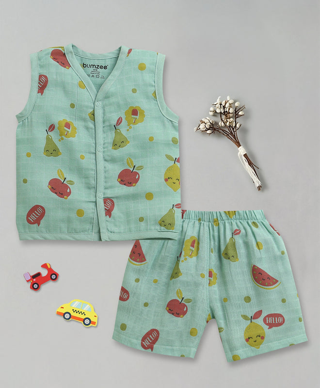 Green Baby Girls Sleeveless Pure Cotton Muslin Jabla & Short Set