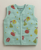 Bumzee Green Graphic Print Muslin Jabla & Short Set, Sleeveless, Cotton Muslin