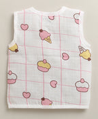 Bumzee White Graphic Print Muslin Jabla & Short Set, Sleeveless, Cotton Muslin (Style Peb11540)