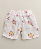 Bumzee White Graphic Print Muslin Jabla & Short Set, Sleeveless, Cotton Muslin (Style Peb11540)