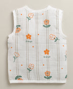 Bumzee White Floral Print Muslin Jabla & Short Set, Sleeveless, Cotton Muslin