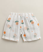 Bumzee White Floral Print Muslin Jabla & Short Set, Sleeveless, Cotton Muslin