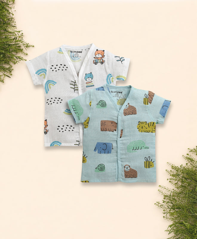 Boys Half Sleeves Pure Cotton Muslin Jabla Blue & White Pack of 2