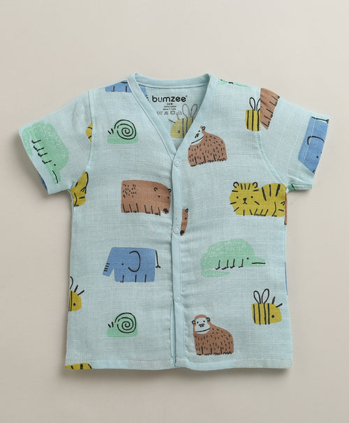 Boys Half Sleeves Pure Cotton Muslin Jabla Blue & White Pack of 2