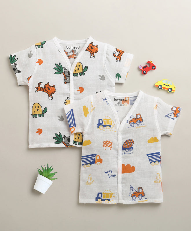 Boys Half Sleeves Pure Cotton Muslin Jabla White Pack of 2