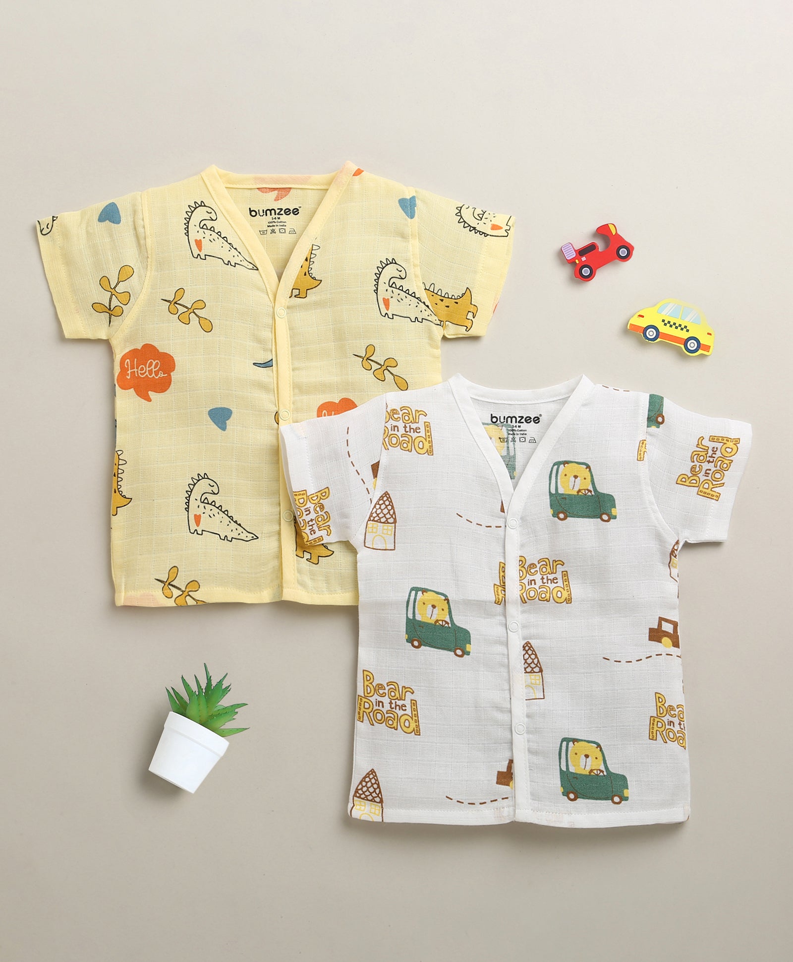 Boys Half Sleeves Pure Cotton Muslin Jabla Yellow & White Pack of 2