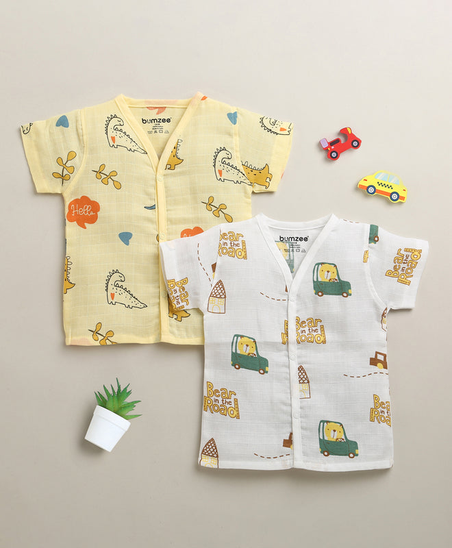Boys Half Sleeves Pure Cotton Muslin Jabla Yellow & White Pack of 2