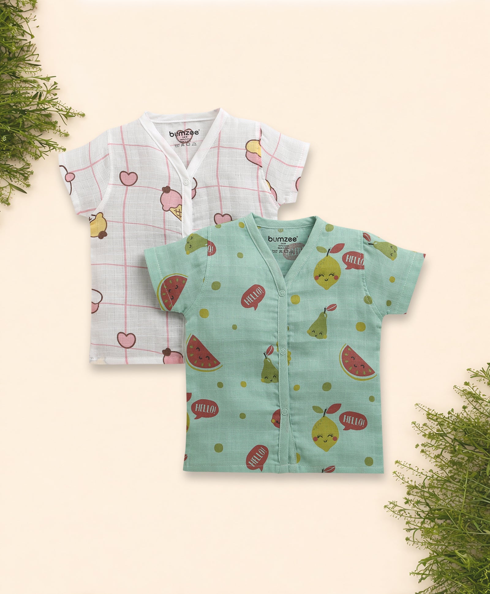 Girls Half Sleeves Pure Cotton Muslin Jabla White & Green Pack of 2