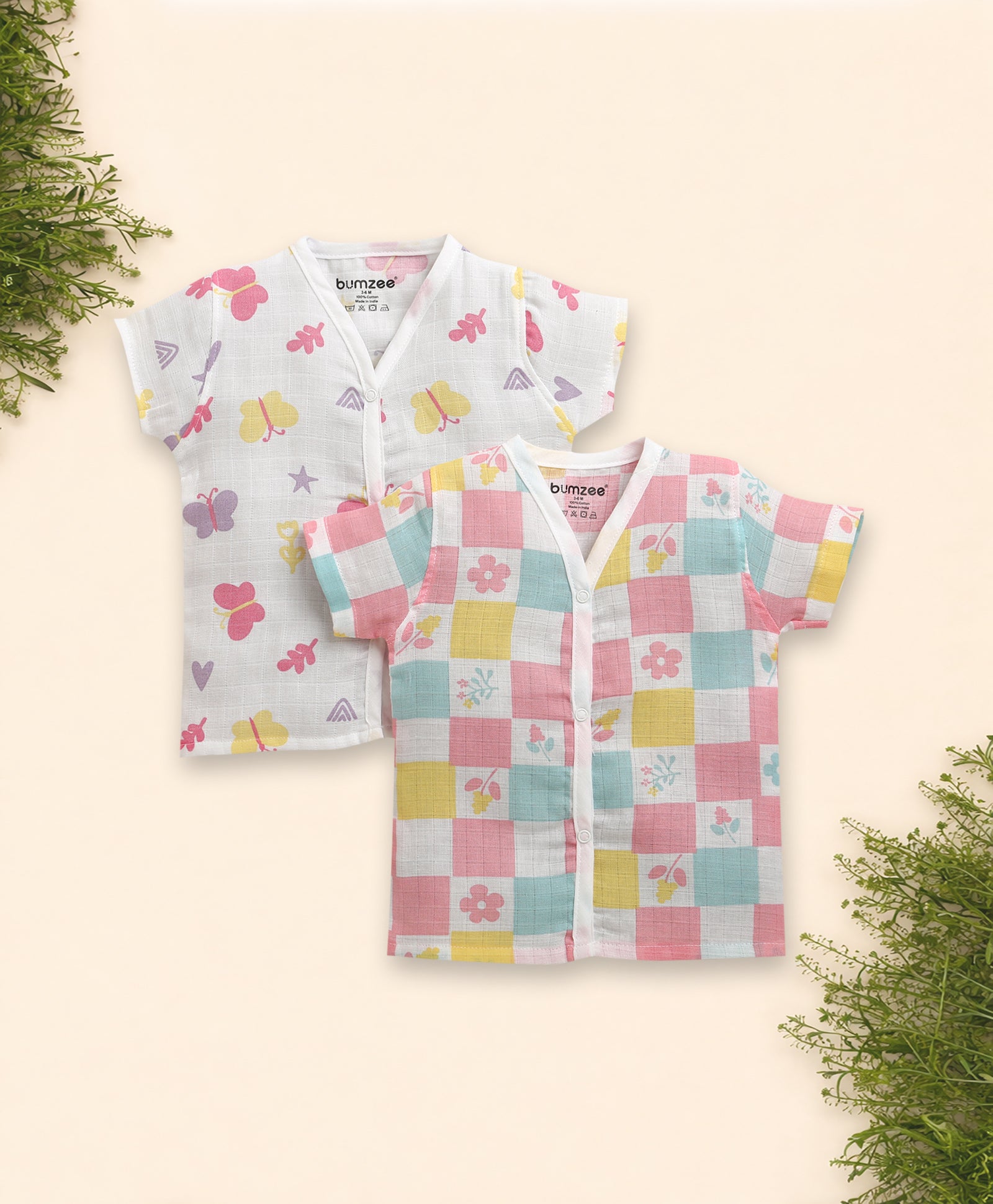 Girls Half Sleeves Pure Cotton Muslin Jabla White & Multi Pack of 2
