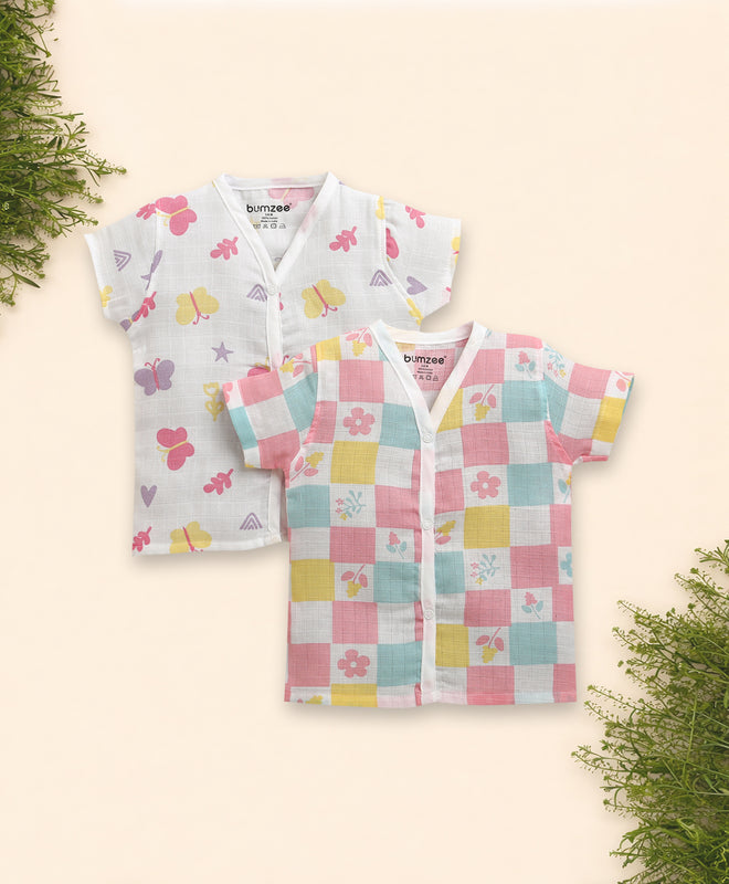 Girls Half Sleeves Pure Cotton Muslin Jabla White & Multi Pack of 2
