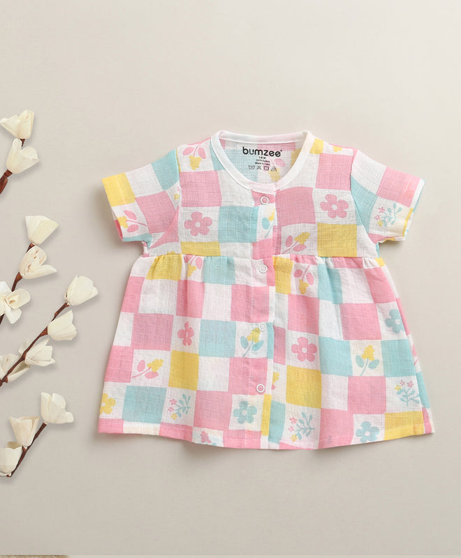 Multi Girls Half Sleeves Cotton Muslin Above Knee Length Frock