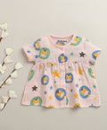 Bumzee Pink Graphic Print Muslin Frock, Half Sleeves, Cotton Muslin