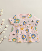 Bumzee Pink Graphic Print Muslin Frock, Half Sleeves, Cotton Muslin