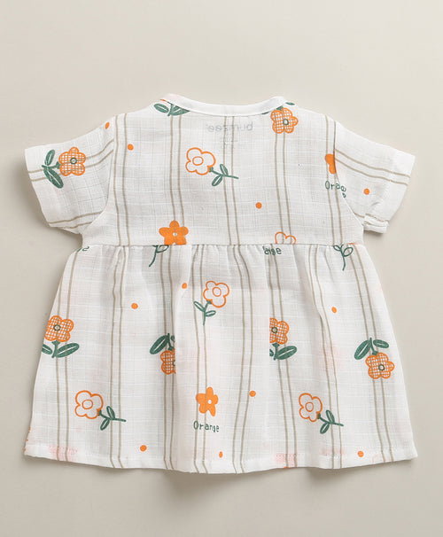 Girls 100% Cotton Muslin Floral Frocks-M - White