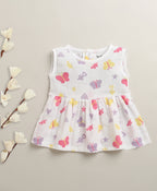 Bumzee White Animal Print Muslin Frock, Sleeveless, Cotton Muslin