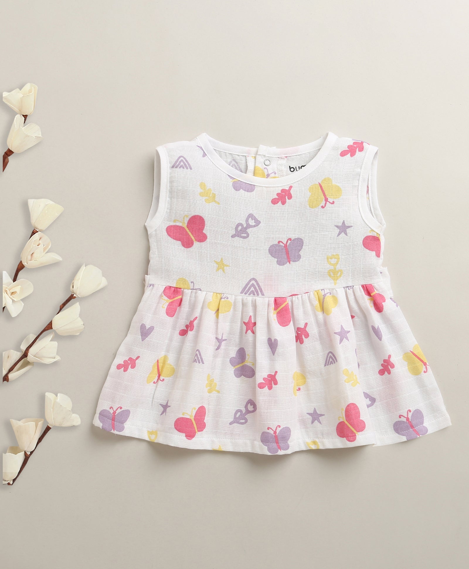White Girls Sleeveless Cotton Muslin Above Knee Length Frock