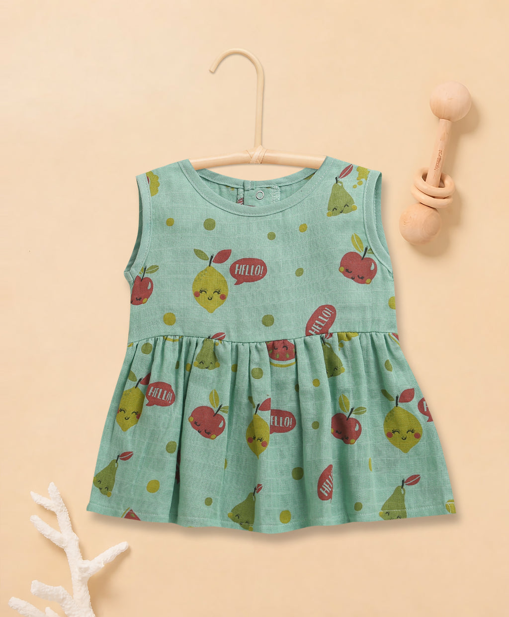 Bumzee Green Graphic Print Muslin Frock, Sleeveless, Cotton Muslin