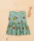 Bumzee Green Graphic Print Muslin Frock, Sleeveless, Cotton Muslin