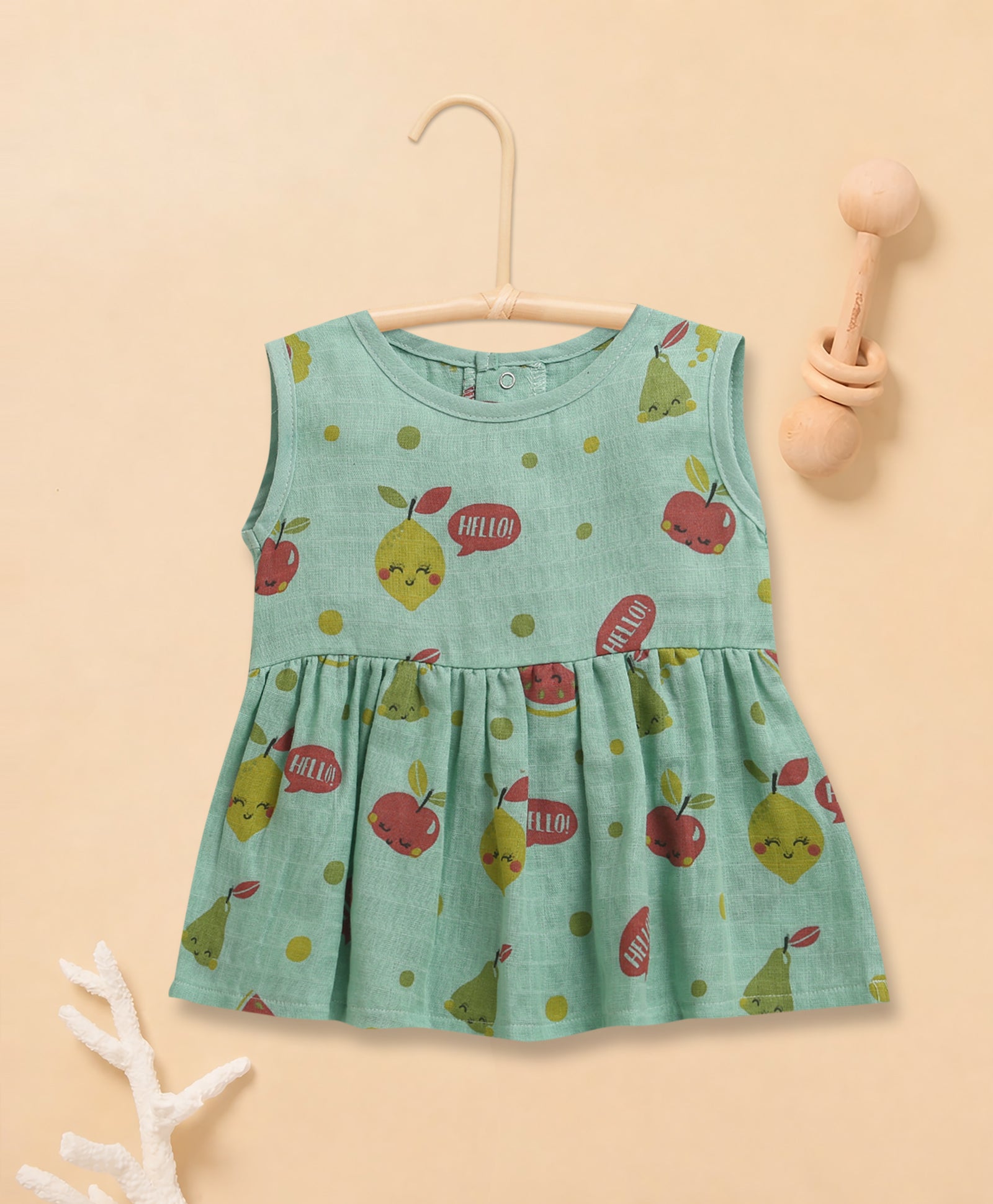 Green Girls Sleeveless Cotton Muslin Above Knee Length Frock