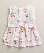 Bumzee White Graphic Print Muslin Frock, Sleeveless, Cotton Muslin
