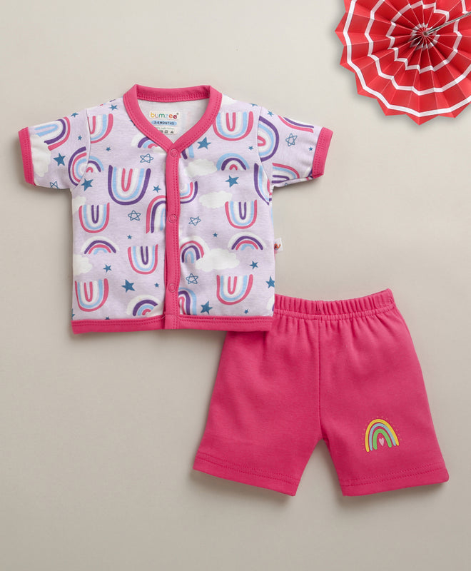 BUMZEE Lavender & Pink Baby Boys Half Sleeves Jabla & Short Set