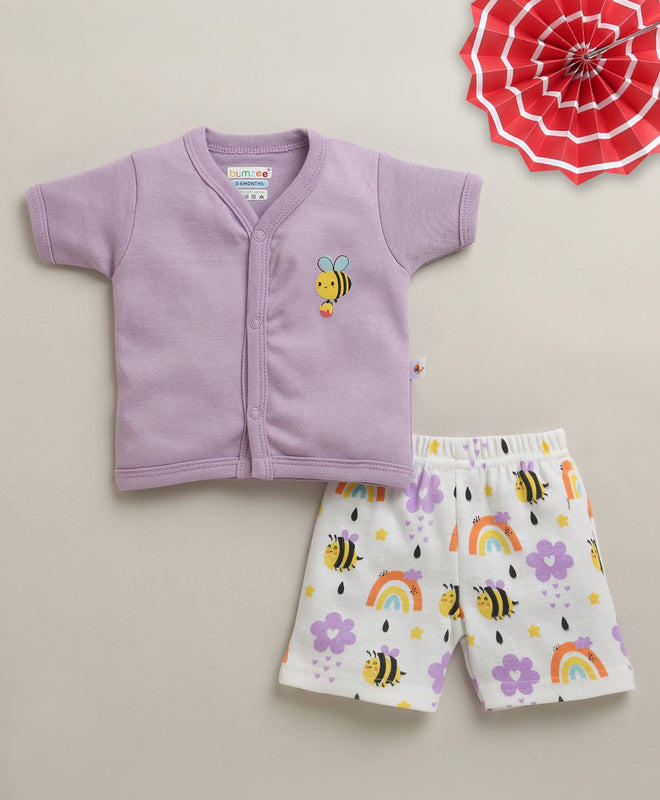 BUMZEE Lavender & White Baby Girls Half Sleeves Jabla & Short Set