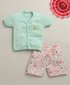 Bumzee Mint Green & Peach Graphic Print Jabla & Short Set, Half Sleeves