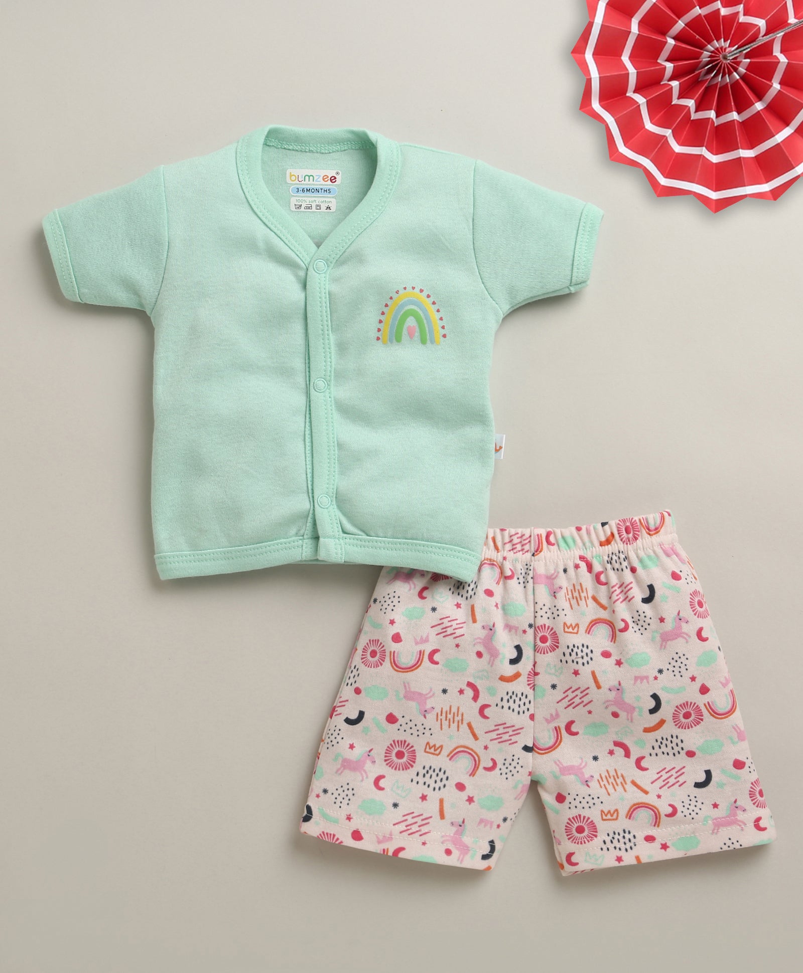 BUMZEE Mint Green & Peach Baby Girls Half Sleeves Jabla & Short Set