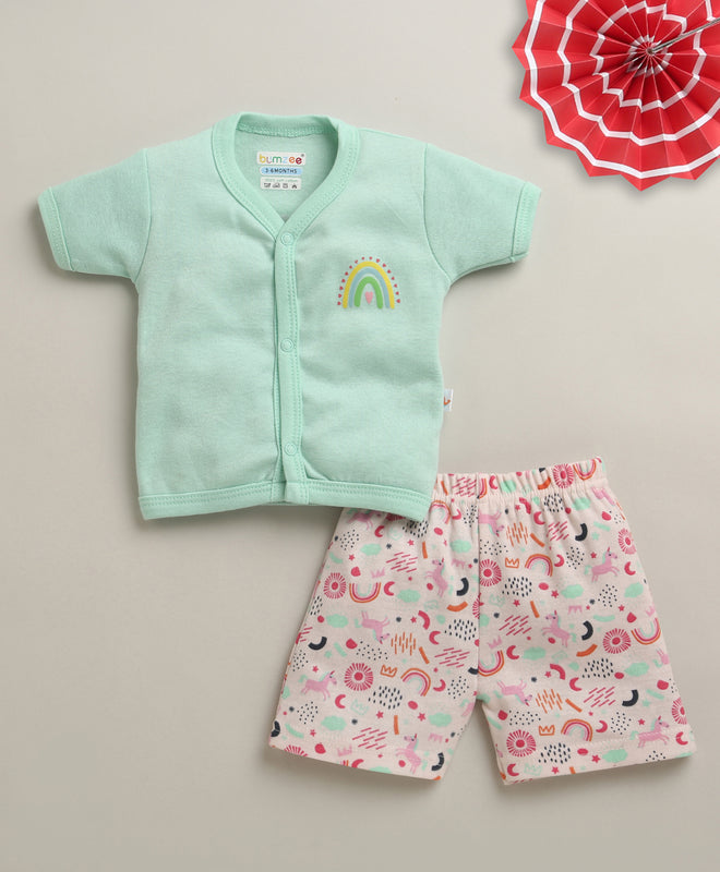 BUMZEE Mint Green & Peach Baby Girls Half Sleeves Jabla & Short Set
