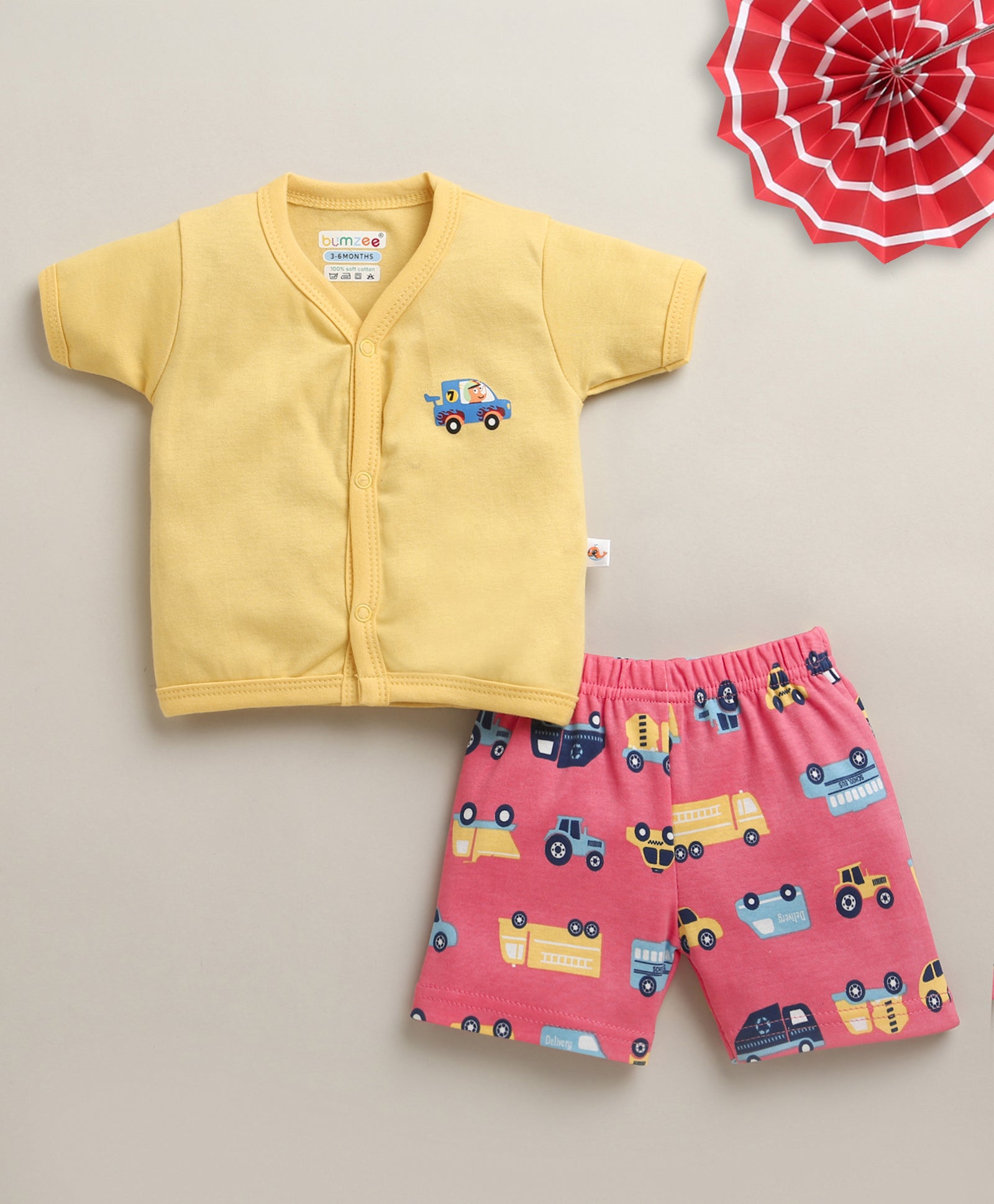 BUMZEE Yellow & Coral Baby Boys Half Sleeves Jabla & Short Set