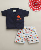 Bumzee Navy & White Graphic Print Jabla & Short Set, Half Sleeves, 100% Cotton