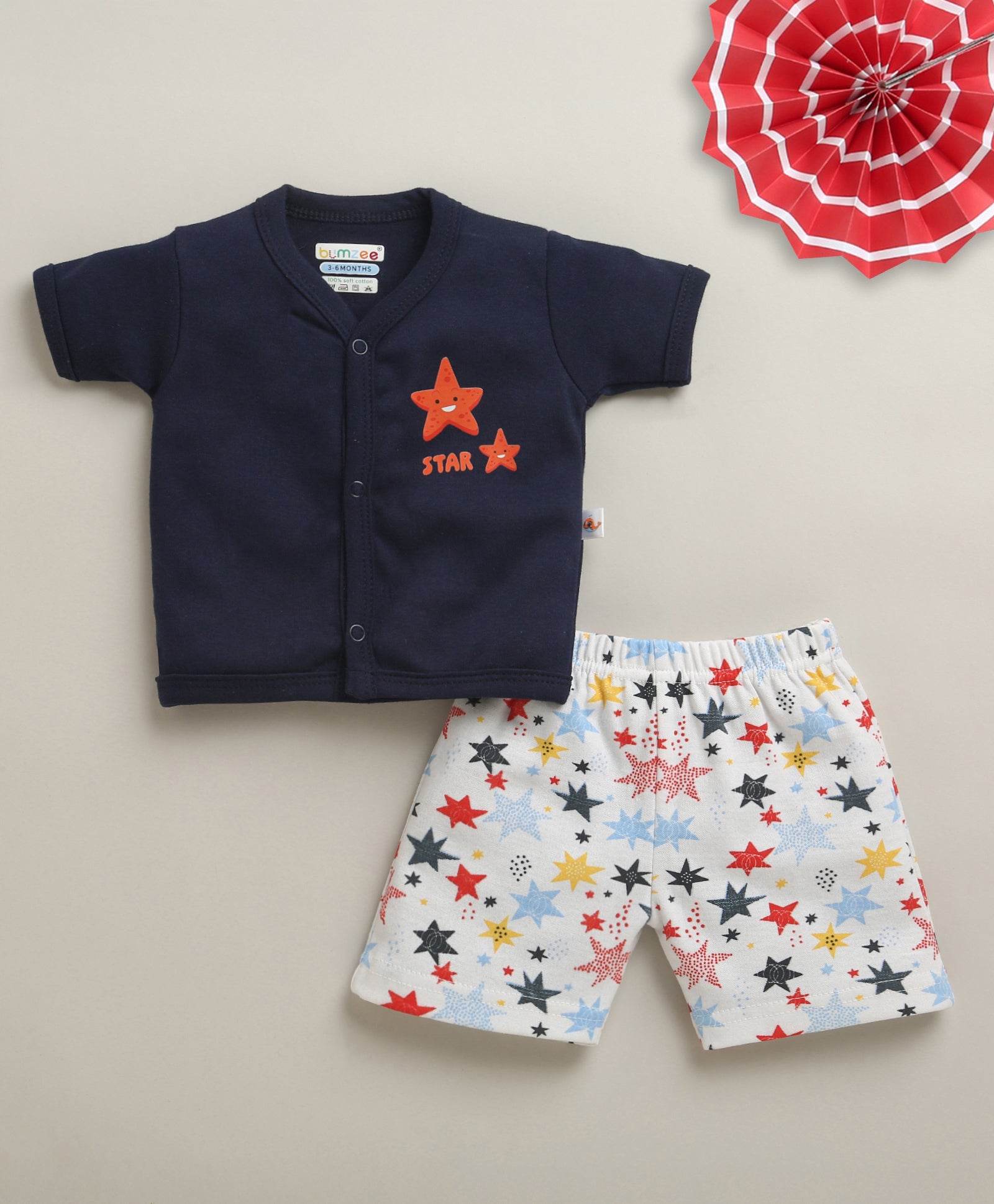 BUMZEE Navy & White Baby Boys Half Sleeves Jabla & Short Set