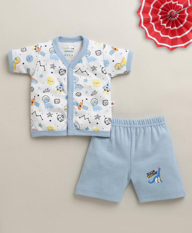 BUMZEE White & Sky Blue Baby Boys Half Sleeves Jabla & Short Set
