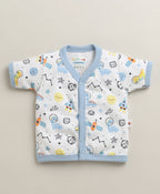 Bumzee White & Sky Blue Animal Print Jabla & Short Set, Half Sleeves, 100% Cotton