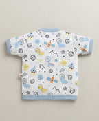 Bumzee White & Sky Blue Animal Print Jabla & Short Set, Half Sleeves, 100% Cotton