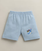 Bumzee White & Sky Blue Animal Print Jabla & Short Set, Half Sleeves, 100% Cotton