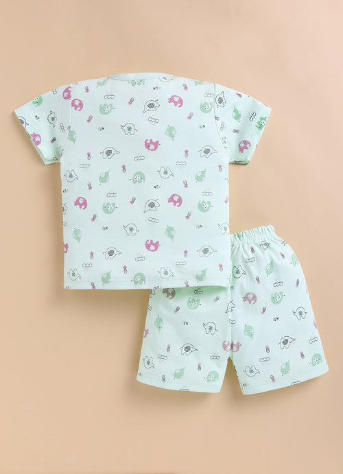 Bumzee Green Animal Print Jabla & Short Set, Half Sleeves, 100% Cotton (Style Peb11572)