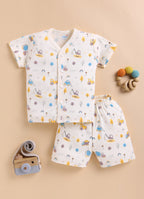 Bumzee Cream Graphic Print Jabla & Short Set, Half Sleeves, 100% Cotton (Style Peb11574)
