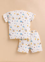 Bumzee Cream Graphic Print Jabla & Short Set, Half Sleeves, 100% Cotton (Style Peb11574)