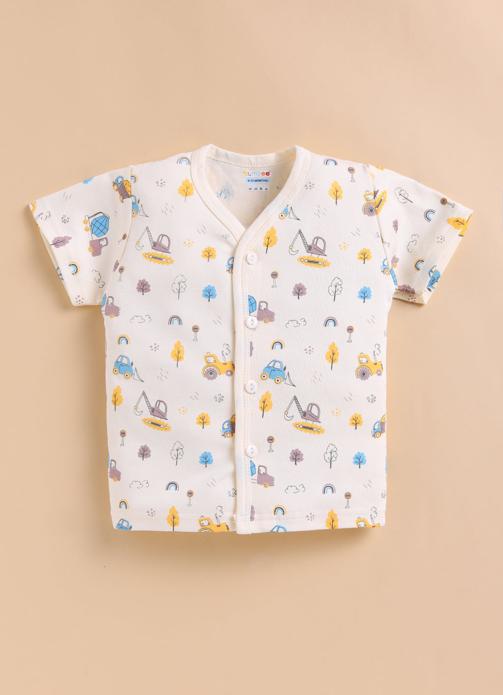 Bumzee Cream Graphic Print Jabla & Short Set, Half Sleeves, 100% Cotton (Style Peb11574)