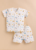 Bumzee Cream Graphic Print Jabla & Short Set, Half Sleeves, 100% Cotton (Style Peb11574)