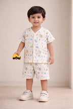 Bumzee Cream Graphic Print Jabla & Short Set, Half Sleeves, 100% Cotton (Style Peb11574)