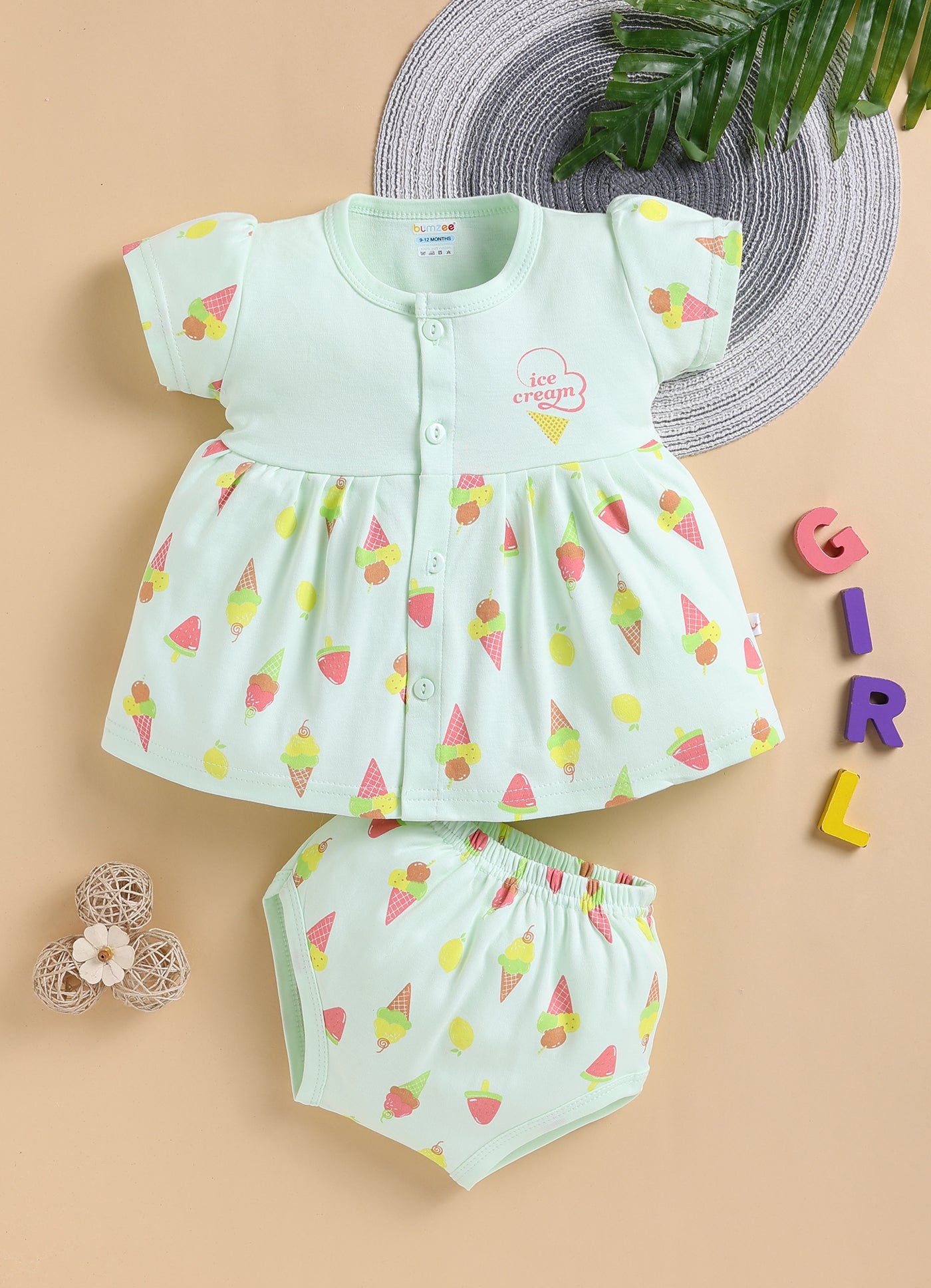 Green Girls Cap Sleeves Frock With Panty