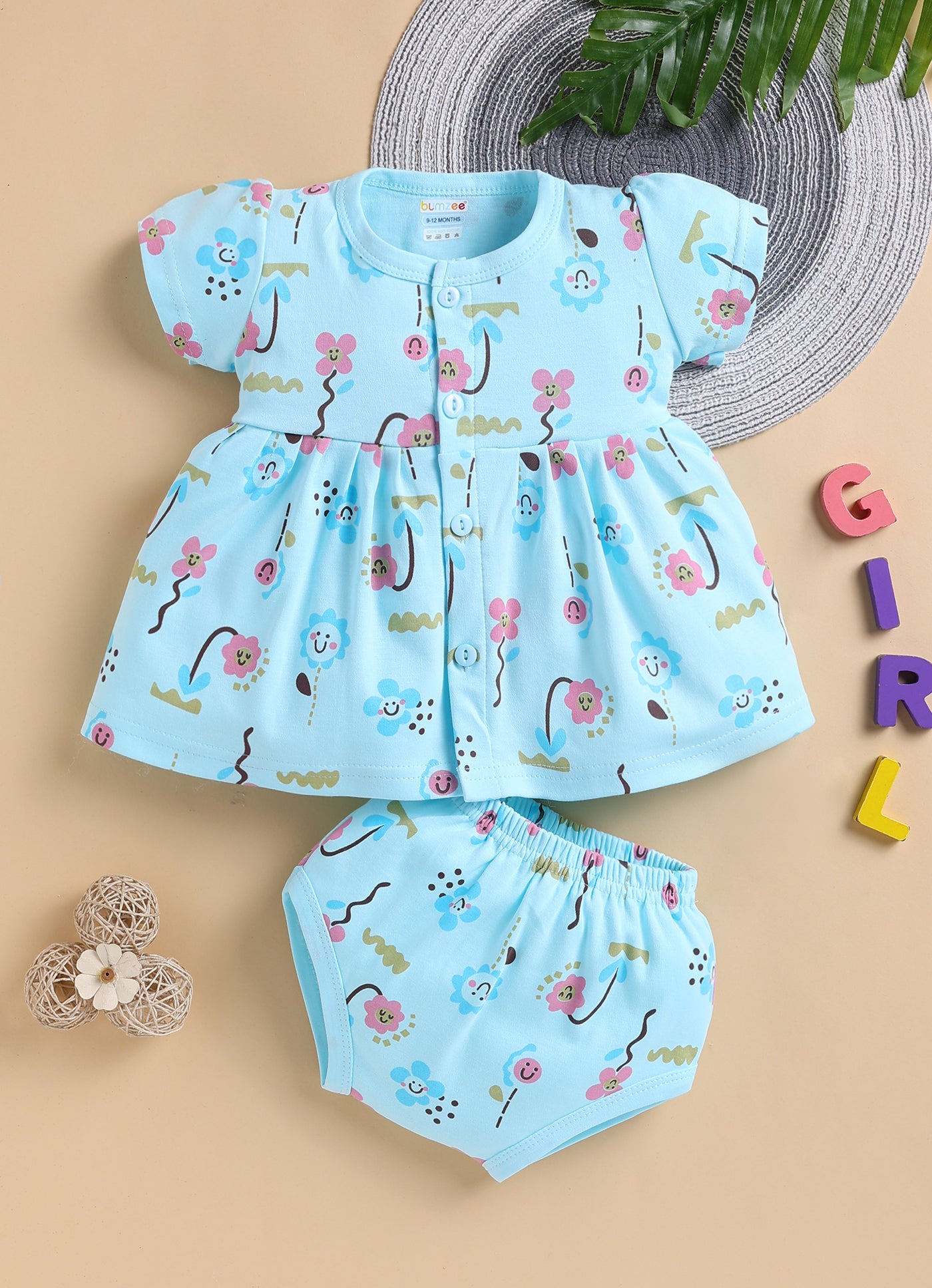 Blue Girls Cap Sleeves Frock With Panty
