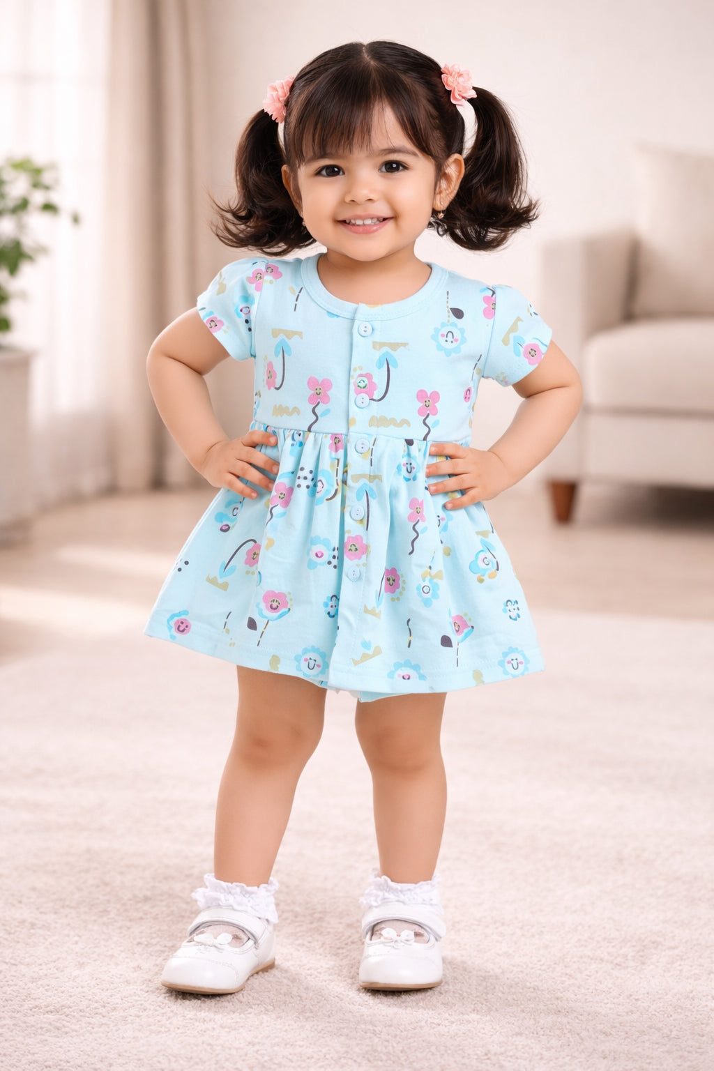Blue Girls Cap Sleeves Frock With Panty