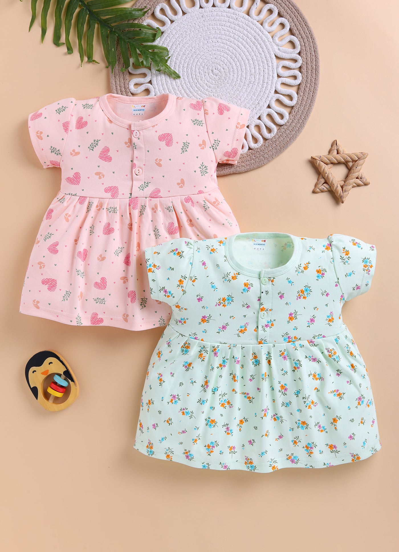 Green & Peach Girls Cap Sleeves Cotton Above Knee Length Frock Pack of 2
