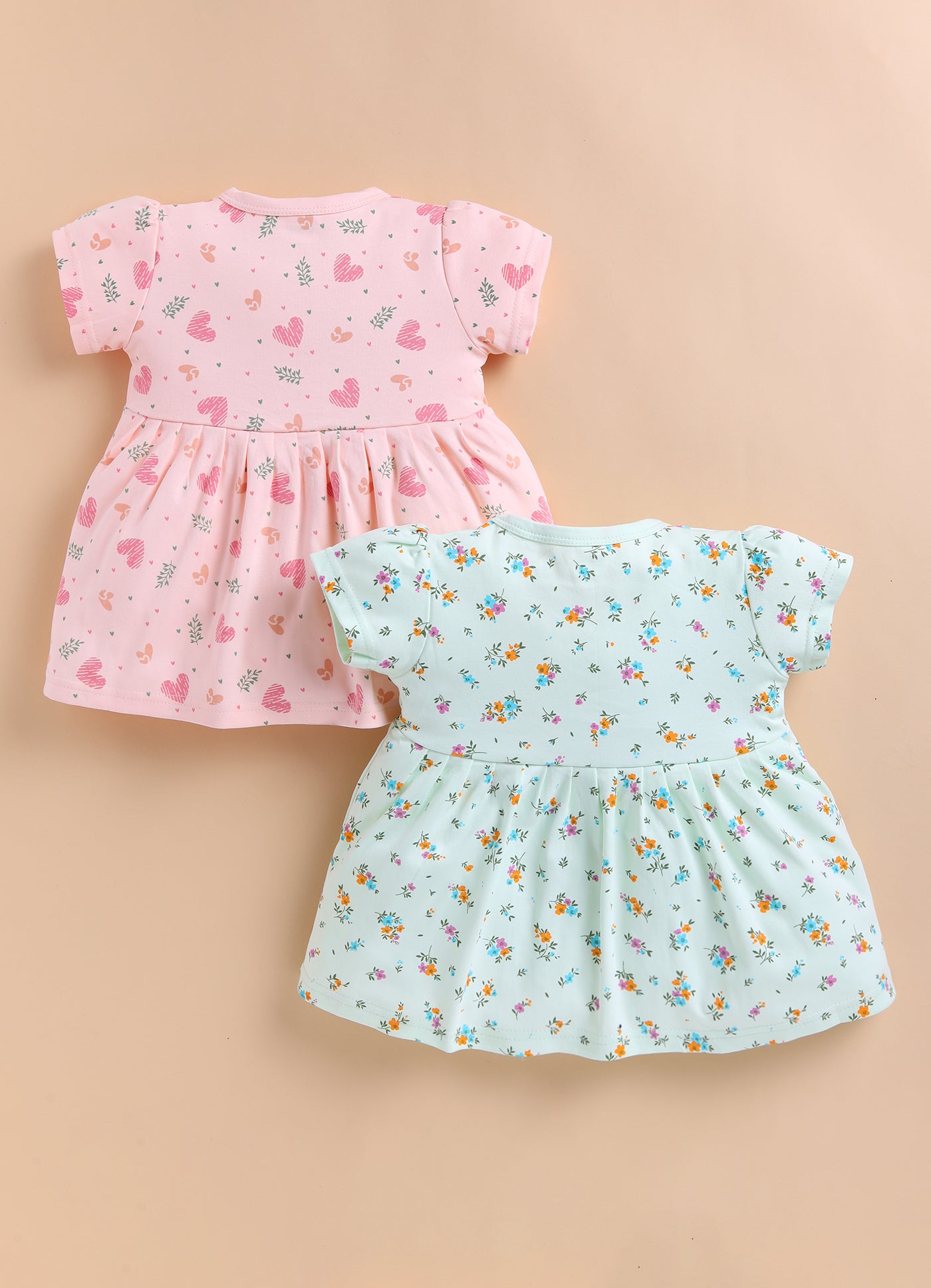 Green & Peach Girls Cap Sleeves Cotton Above Knee Length Frock Pack of 2