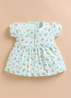 Bumzee Green & Peach Floral Print Frock, Pack of 2, Cap Sleeves, 100% Cotton